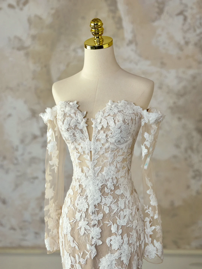 Modest Bridal Gown Mermaid Off The Shoulder White Long Sleeves Tulle Lace Wedding Dresses Elegant Bridal Gowns DH1132