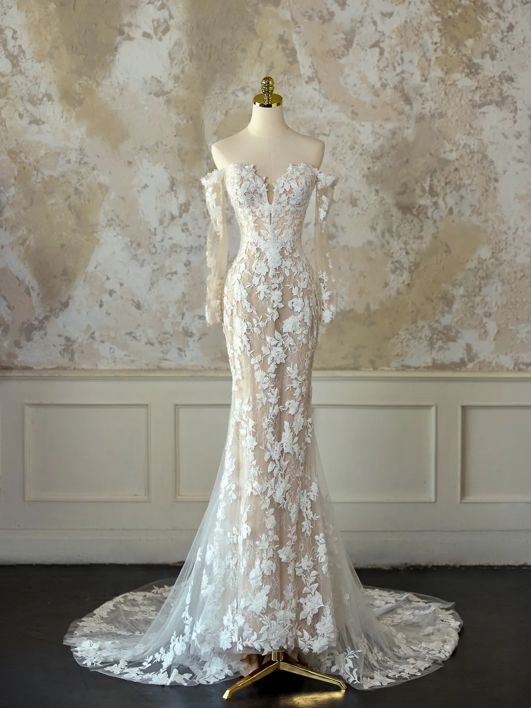 Modest Bridal Gown Mermaid Off The Shoulder White Long Sleeves Tulle Lace Wedding Dresses Elegant Bridal Gowns DH1132