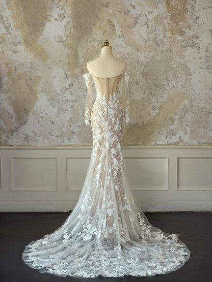 Modest Bridal Gown Mermaid Off The Shoulder White Long Sleeves Tulle Lace Wedding Dresses Elegant Bridal Gowns DH1132