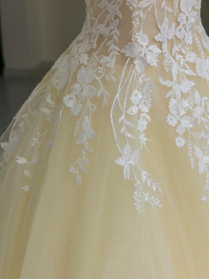 Pretty Ball Gown High Neck Tulle Light Yellow Long Quinceanera Dress Formal Gowns Vestido De 15 Anos Sweet 16 Dress DH1135