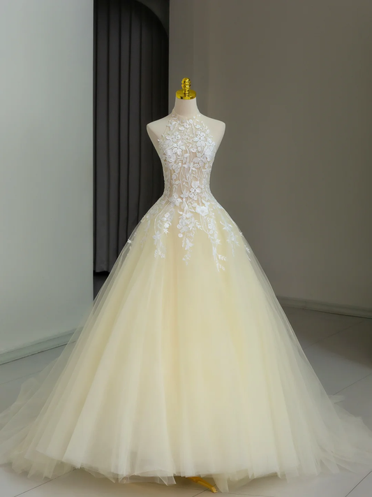 Pretty Ball Gown High Neck Tulle Light Yellow Long Quinceanera Dress Formal Gowns Vestido De 15 Anos Sweet 16 Dress DH1135