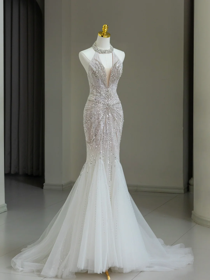 Modest Bridal Gown Mermaid Scoop Neck Tulle Silver Beads Long White Wedding Dresses Elegant Bridal Gowns DH1136