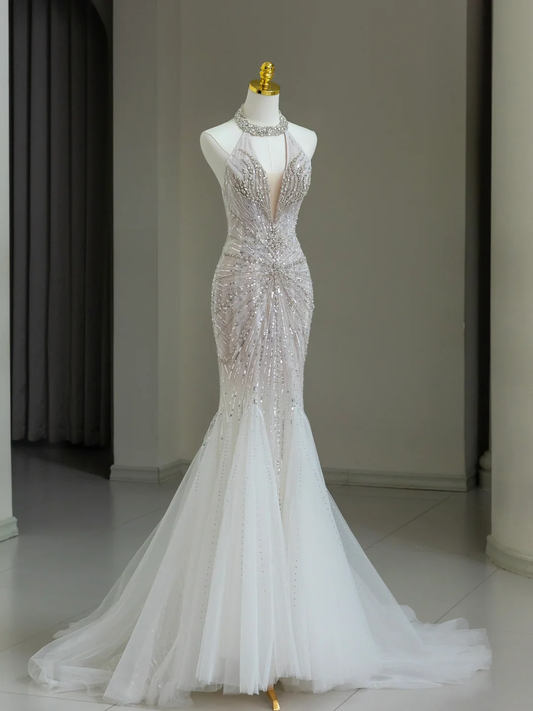 Modest Bridal Gown Mermaid Scoop Neck Tulle Silver Beads Long White Wedding Dresses Elegant Bridal Gowns DH1136