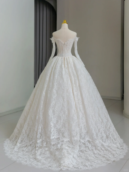 Unique Bridal Gown Ball Gown Off The Shoulder Lace Long Sleeves White 50s Wedding Dresses Vintage Bridal Gowns DH1137