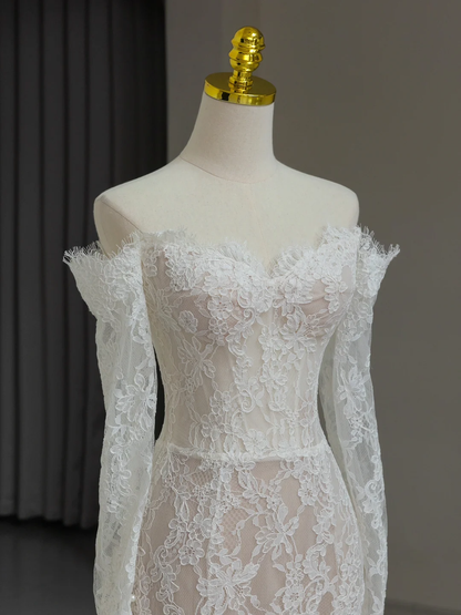 Modest Bridal Gown Mermaid Off The Shoulder White Long Sleeves Lace Wedding Dresses Elegant Bridal Gowns DH1138