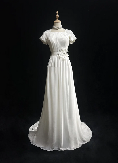 Modest Bridal Gown A line Square Neck White Short Sleeves Chiffon Wedding Dresses Timeless Brides Bridal Gowns DH1142