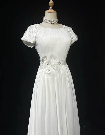 Modest Bridal Gown A line Square Neck White Short Sleeves Chiffon Wedding Dresses Timeless Brides Bridal Gowns DH1142