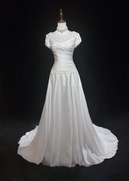 Vintage Bridal Gown A line Square Neck White Short Sleeves Satin 60s Wedding Dresses Timeless Brides Bridal Gowns DH1143