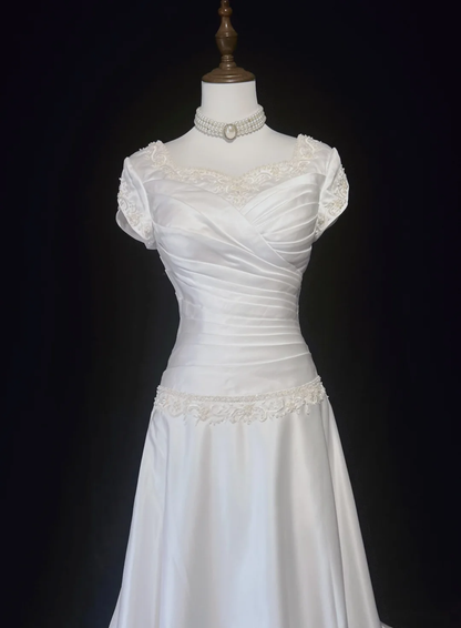 Vintage Bridal Gown A line Square Neck White Short Sleeves Satin 60s Wedding Dresses Timeless Brides Bridal Gowns DH1143