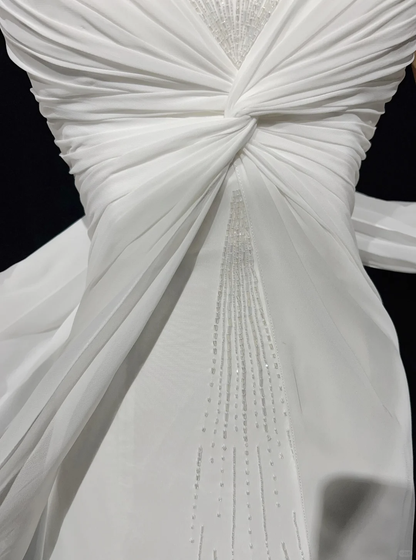 Unique Bridal Gown A Line Spaghetti Straps Chiffon Long White 50s Wedding Dresses Vintage Bridal Gowns DH1144