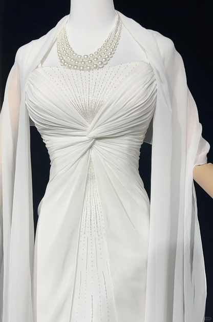 Unique Bridal Gown A Line Spaghetti Straps Chiffon Long White 50s Wedding Dresses Vintage Bridal Gowns DH1144