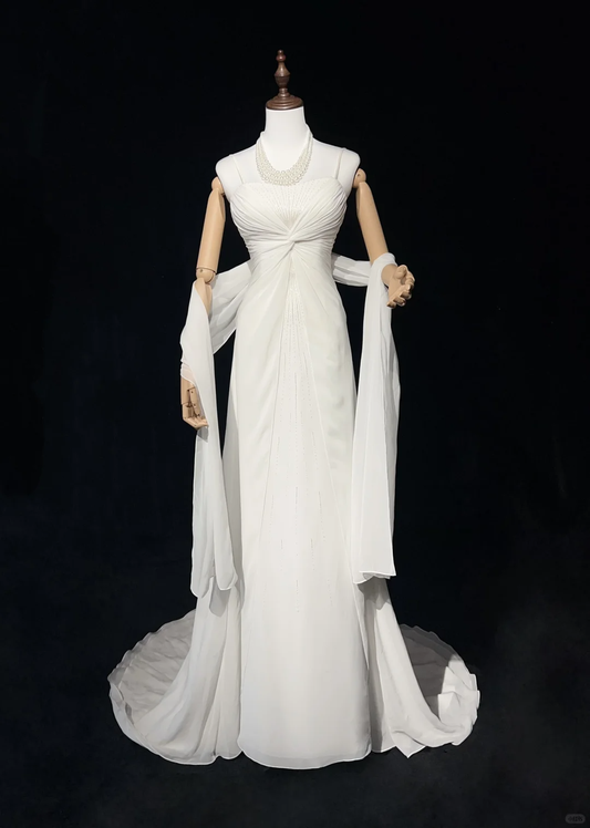 Unique Bridal Gown A Line Spaghetti Straps Chiffon Long White 50s Wedding Dresses Vintage Bridal Gowns DH1144