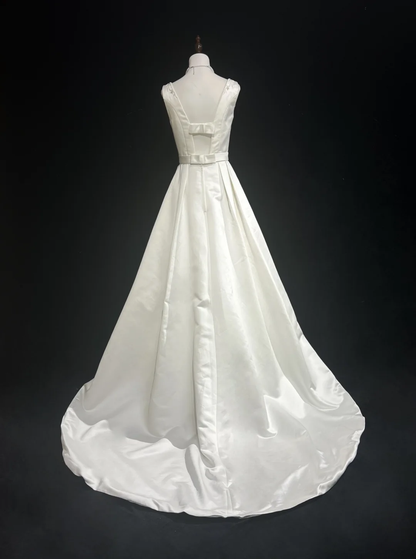 Unique Bridal Gown Ball Gown Square Neck Long White Satin 70s Wedding Dresses Vintage Bridal Gowns DH1146