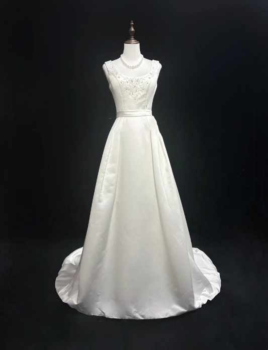 Unique Bridal Gown Ball Gown Square Neck Long White Satin 70s Wedding Dresses Vintage Bridal Gowns DH1146