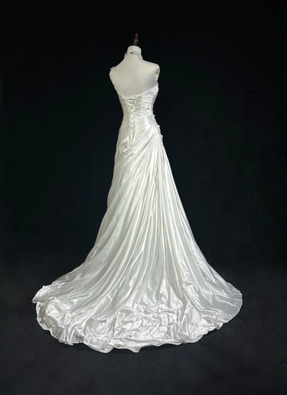Classic Elegant Wedding Gown Mermaid One Shoulder Long White Satin 70s Wedding Dresses Vintage Bridal Gowns DH1147