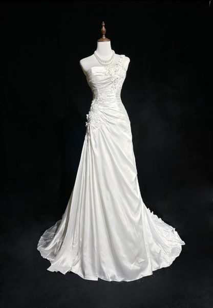 Classic Elegant Wedding Gown Mermaid One Shoulder Long White Satin 70s Wedding Dresses Vintage Bridal Gowns DH1147