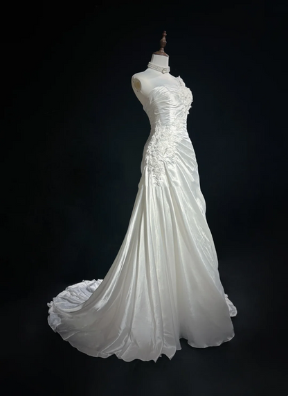 Classic Elegant Wedding Gown Mermaid One Shoulder Long White Satin 70s Wedding Dresses Vintage Bridal Gowns DH1147