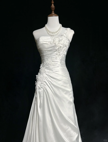 Classic Elegant Wedding Gown Mermaid One Shoulder Long White Satin 70s Wedding Dresses Vintage Bridal Gowns DH1147
