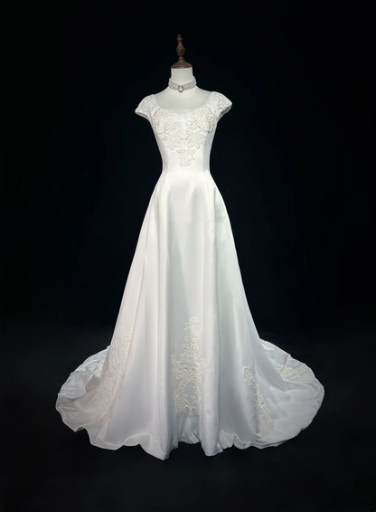 Unique Wedding Dress Ball Gown Square Neck Long White Satin 90s Wedding Dresses Vintage Bridal Gowns DH1150