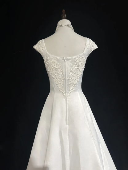 Unique Wedding Dress Ball Gown Square Neck Long White Satin 90s Wedding Dresses Vintage Bridal Gowns DH1150