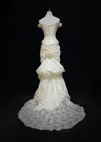 Classic Elegant Wedding Gown Mermaid Off The Shoulder Short Sleeves Ivory Lace 80s Wedding Dresses Vintage Bridal Gowns DH1151