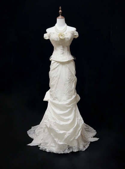 Classic Elegant Wedding Gown Mermaid Off The Shoulder Short Sleeves Ivory Lace 80s Wedding Dresses Vintage Bridal Gowns DH1151