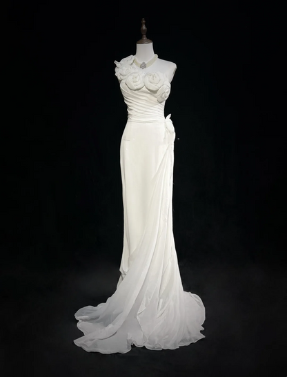 Unique Wedding Dress Sheath One Shoulder Chiffon White Flowers 90s Wedding Dresses Vintage Bridal Gowns DH1152