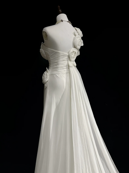 Unique Wedding Dress Sheath One Shoulder Chiffon White Flowers 90s Wedding Dresses Vintage Bridal Gowns DH1152