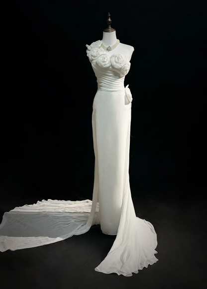 Unique Wedding Dress Sheath One Shoulder Chiffon White Flowers 90s Wedding Dresses Vintage Bridal Gowns DH1152