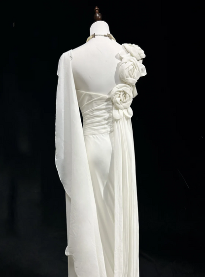 Unique Wedding Dress Sheath One Shoulder Chiffon White Flowers 90s Wedding Dresses Vintage Bridal Gowns DH1152
