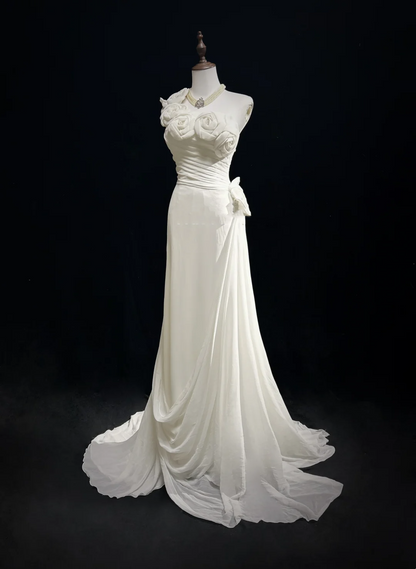 Unique Wedding Dress Sheath One Shoulder Chiffon White Flowers 90s Wedding Dresses Vintage Bridal Gowns DH1152