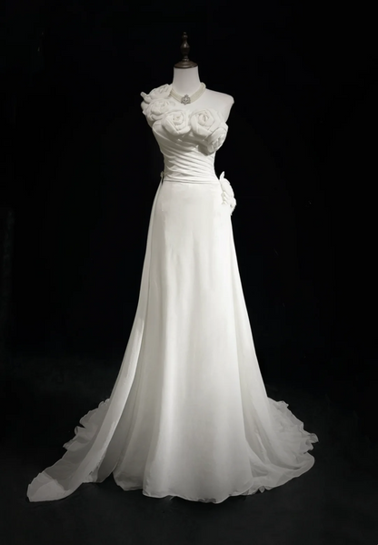 Unique Wedding Dress Sheath One Shoulder Chiffon White Flowers 90s Wedding Dresses Vintage Bridal Gowns DH1152