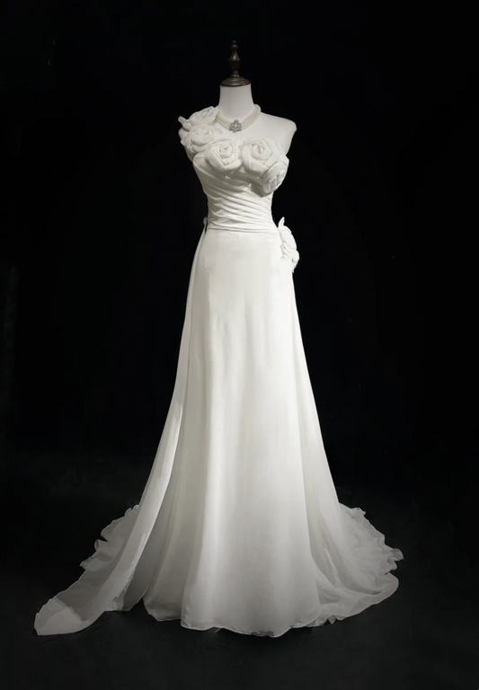 Unique Wedding Dress Sheath One Shoulder Chiffon White Flowers 90s Wedding Dresses Vintage Bridal Gowns DH1152