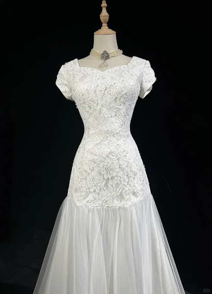 Classic Elegant Wedding Gown Mermaid Short Sleeves White Lace 80s Wedding Dresses Vintage Bridal Gowns DH1153