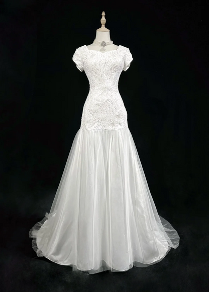 Classic Elegant Wedding Gown Mermaid Short Sleeves White Lace 80s Wedding Dresses Vintage Bridal Gowns DH1153