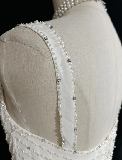 Unique Wedding Dress A Line Square Neck White Chiffon Beads 90s Wedding Dresses Vintage Bridal Gowns DH1155