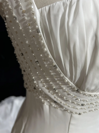 Unique Wedding Dress A Line Square Neck White Chiffon Beads 90s Wedding Dresses Vintage Bridal Gowns DH1155
