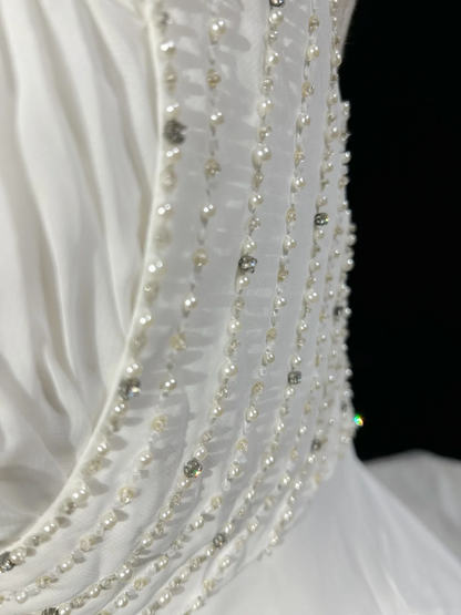 Unique Wedding Dress A Line Square Neck White Chiffon Beads 90s Wedding Dresses Vintage Bridal Gowns DH1155
