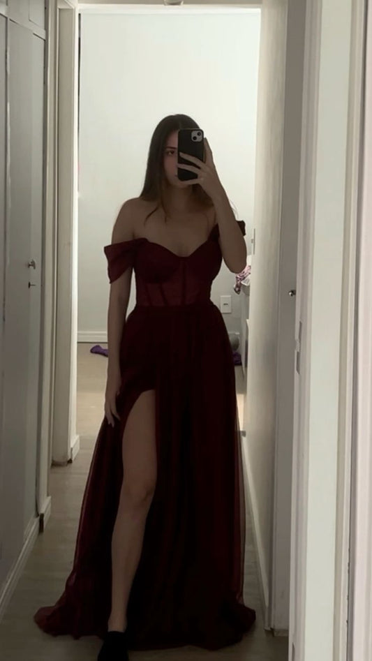 Elegant A line Off The Shoulder Burgundy Tulle Long Prom Dresses Party Dress Summer 20th Birthday Outfits 18th Birthday Dresses DH116