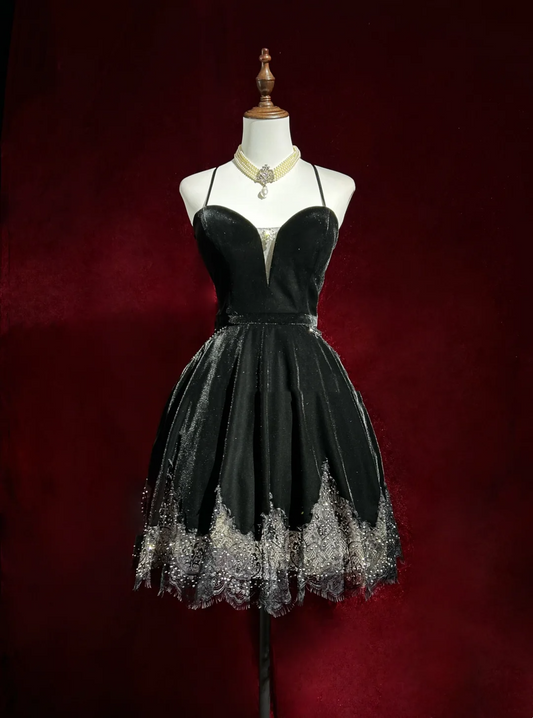 Vintage A line Spaghetti Straps Black Velvet Mini Short Formal 8th Grade Homecoming Dresses Summer Middle School Hoco Dress 20th Birthday Outfits DH1161