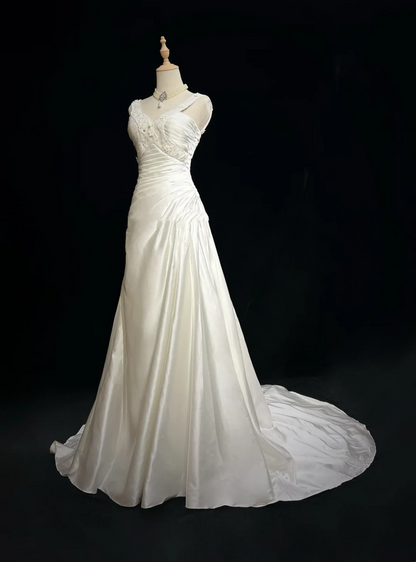 Unique Wedding Dress A Line V Neck White Satin Beads 90s Wedding Dresses Vintage Bridal Gowns DH1163
