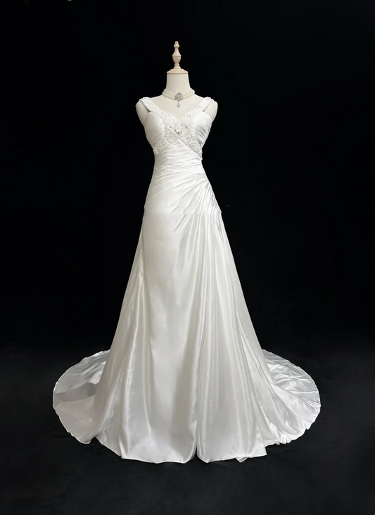 Unique Wedding Dress A Line V Neck White Satin Beads 90s Wedding Dresses Vintage Bridal Gowns DH1163