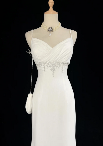 Unique Wedding Dress Mermaid Spaghetti Straps White Chiffon Beads 90s Wedding Dresses Vintage Bridal Gowns DH1164