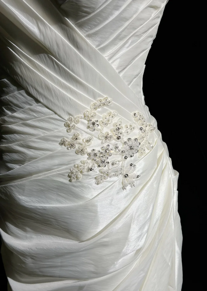 Unique Wedding Dress Mermaid V Neck White Taffeta Appliques 90s Wedding Dresses Vintage Bridal Gowns DH1165