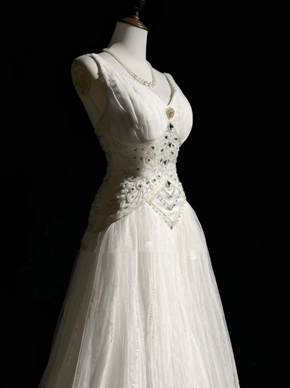 Unique Bridal Dress A Line V Neck White Tulle Long 90s Wedding Dresses Vintage Bride Dress Bridal Gowns DH1256