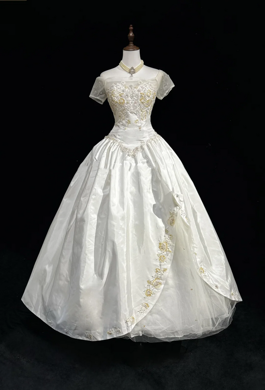 Unique Bridal Gown Ball Gown Off The Shoulder White Short Sleeves Lace Wedding Dresses Vintage 80s Wedding Gowns DH1258