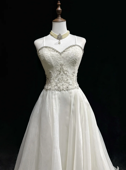 Unique Bridal Dress A Line Spaghetti Straps White Lace Long 90s Wedding Dresses Vintage Bride Dress Bridal Gowns DH1259