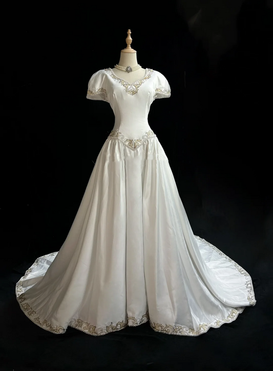Classic Wedding Dress Ball Gown V Neck White Satin Long 70s Wedding Dresses Vintage Bride Dress Bridal Gowns DH1260