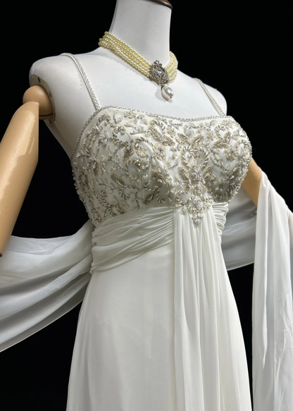 Unique Bridal Dress A line Spaghetti Straps White 90s Chiffon Wedding Dresses Vintage Bride Dress Bridal Gowns DH1262