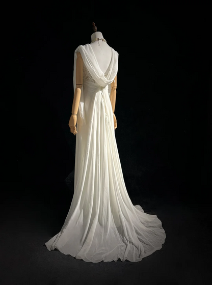 Unique Bridal Dress A line Spaghetti Straps White 90s Chiffon Wedding Dresses Vintage Bride Dress Bridal Gowns DH1262